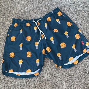 Hot Coals Swim Trunks Burger and Fries‎ Print Drawstring Elastic Waist large